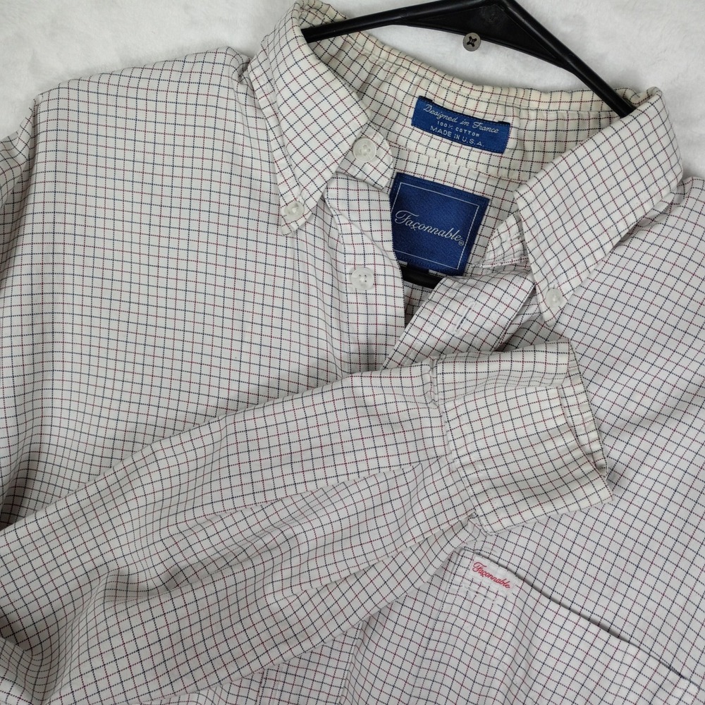 Faconnable Mens Tattersall Check Button Down Shirt M White Navy Red Made‎ in USA
